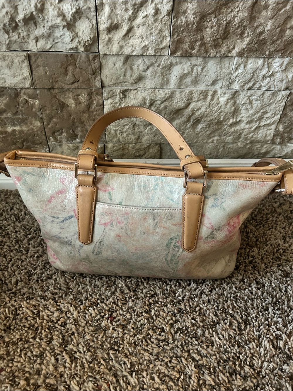 Brahmin Floral Print Crème Talitha Mini Asher Tote Bag with Tan Leather Trim - Picture 6 of 8